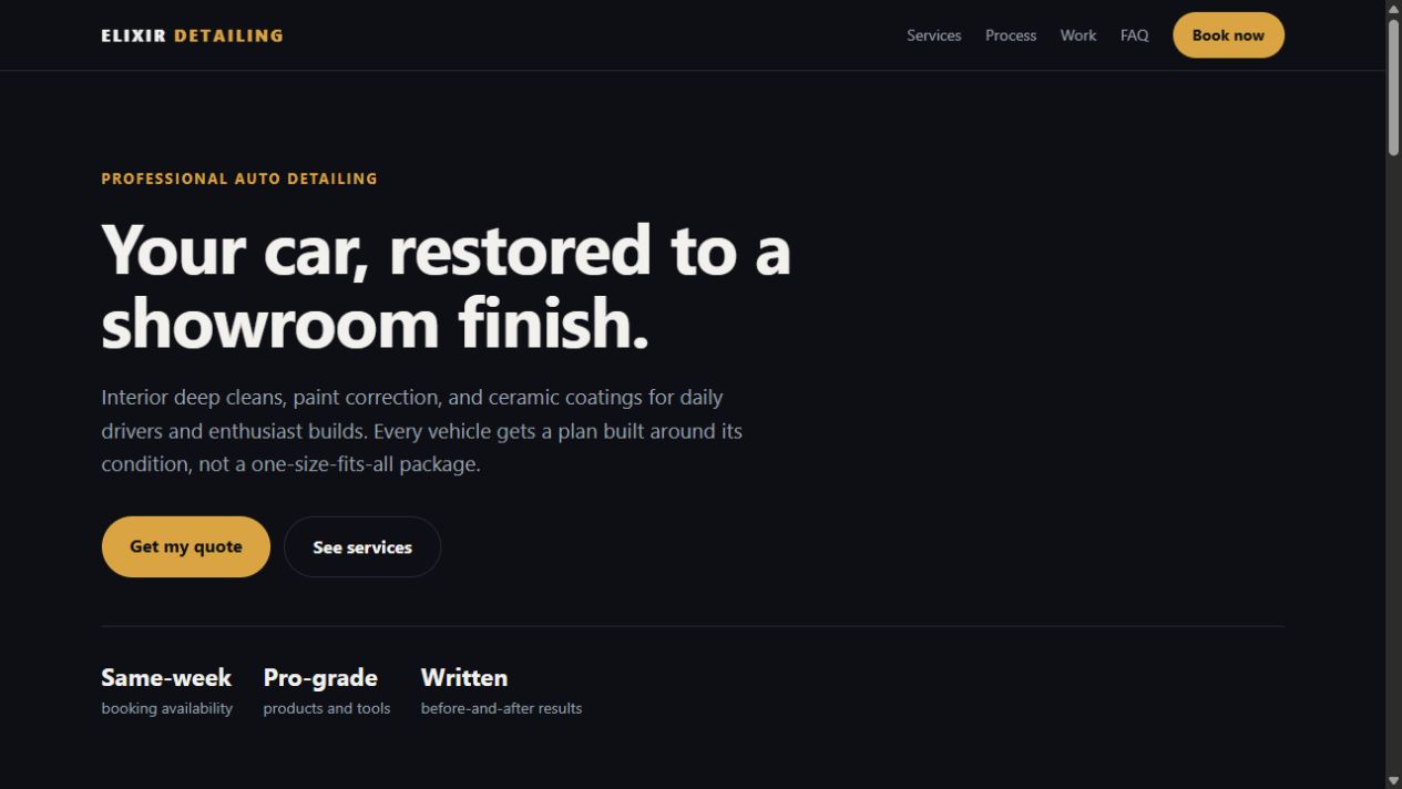 Screenshot of the Elixir Detailing homepage